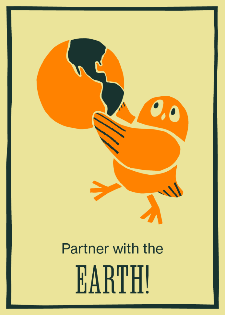 Card 9: Partner with the Earth, illustration of owl holding planet Earth